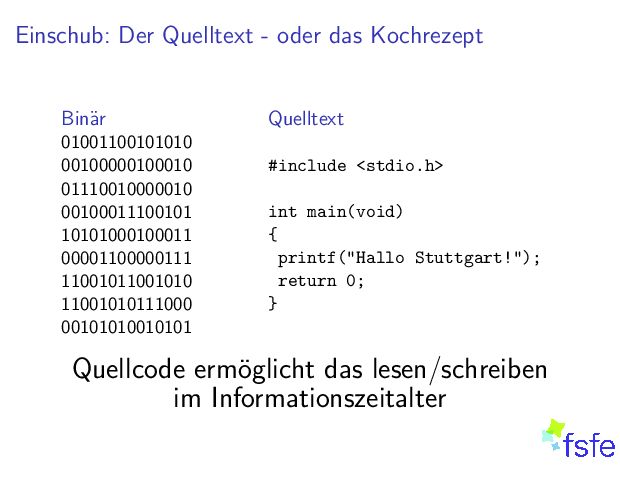 Einschub:DerQuelltext-oderdasKochrezept Bin ar 01001100101010 00100000100010 01110010000010 00100011100101 10101000100011 00001100000111 11001011001010 11001010111000 00101010010101 Quelltext #include<stdio.h> intmain(void) { printf(